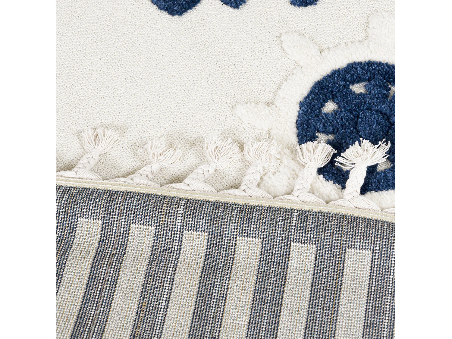Tapis Enfant Buffo Mare Mazovia 140 x 200 cm Beige Bleu Marine Ancre Poils Mi-Longs à Franges