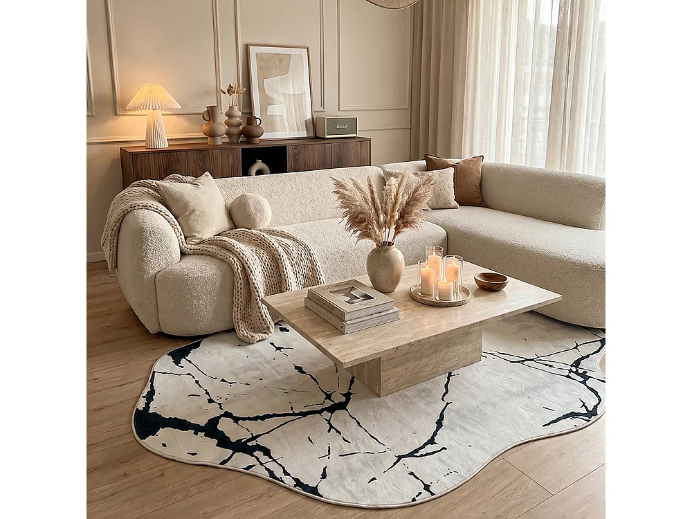 Tapis Arona Finet Mazovia Forme Irrégulière 80 x 150 cm Blanc Noir et Blanc Abstrait Poils Courts