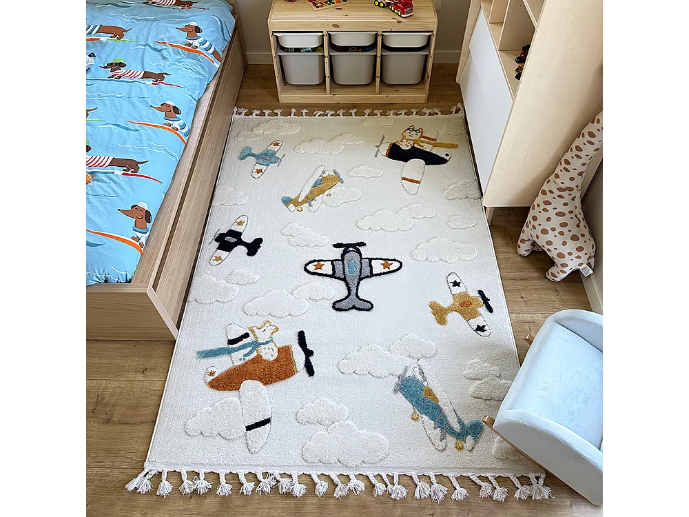 Tapis Enfant Buffo Aereo Mazovia 140 x 200 cm Beige Crème Avion Poils Mi-Longs à Franges
