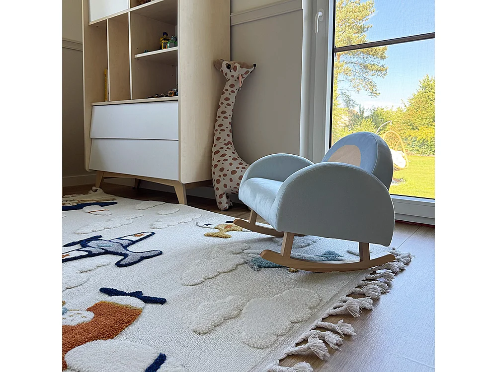 Tapis Enfant Buffo Aereo Mazovia 140 x 200 cm Beige Crème Avion Poils Mi-Longs à Franges