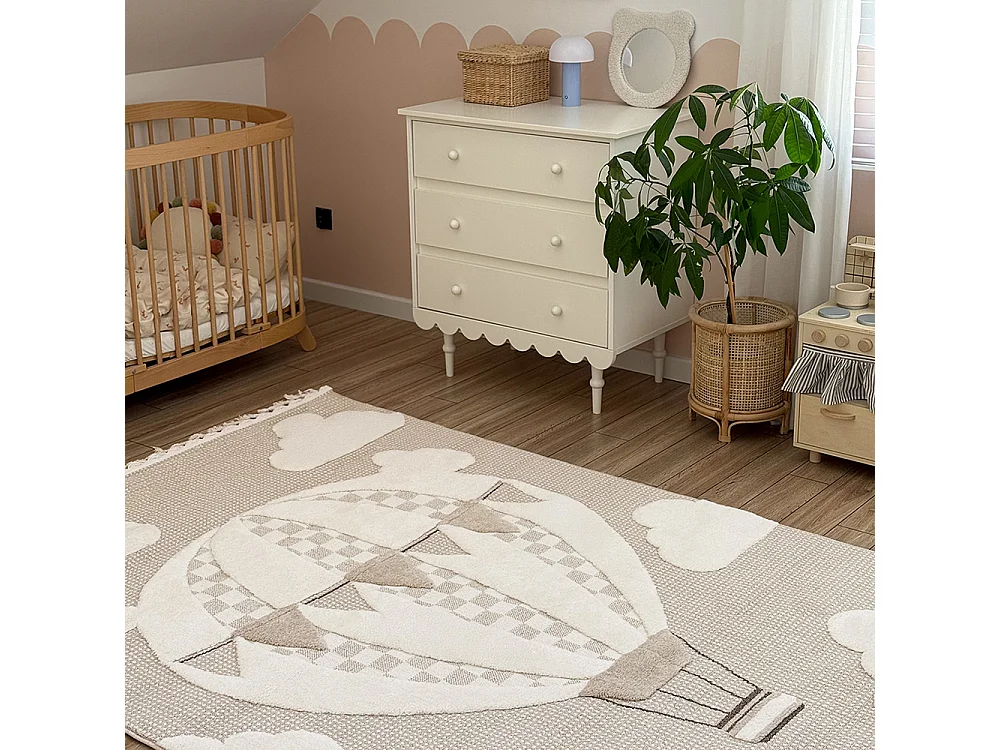 Kinderteppich Buffo Volare Mazovia 120 x 170 cm Beige Creme Ballon Mittelflor mit Fransen