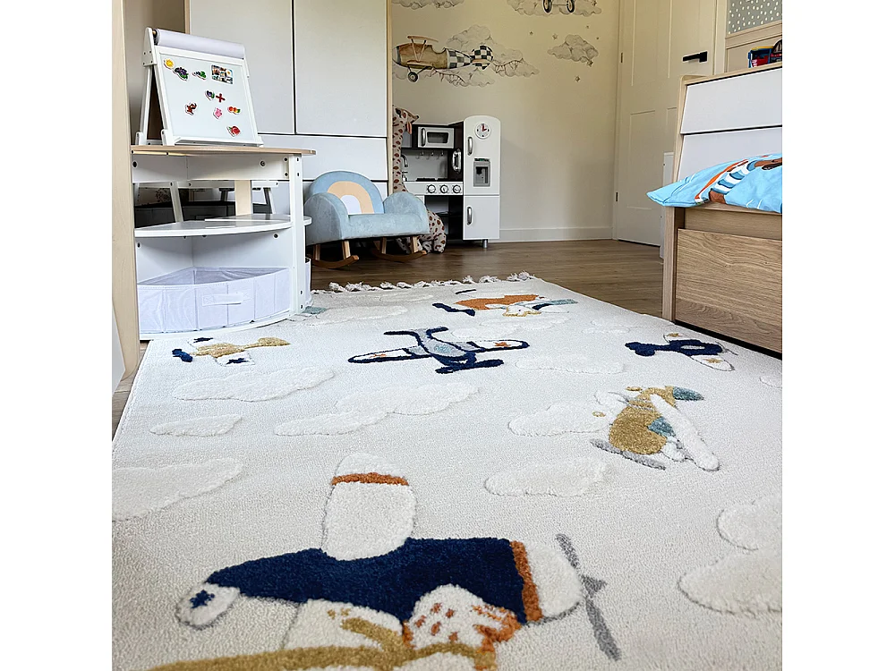 Tapis Enfant Buffo Aereo Mazovia 80 x 150 cm Beige Crème Avion Poils Mi-Longs à Franges