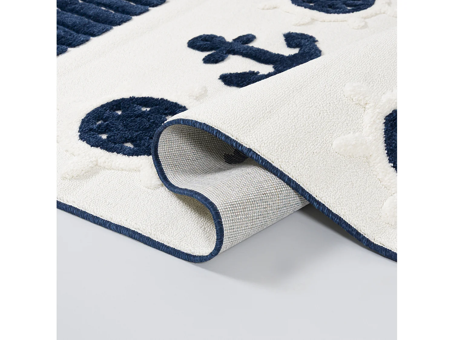 Kinderteppich Buffo Mare Mazovia 160 x 230 cm Beige Marineblau Anker Mittelflor mit Fransen