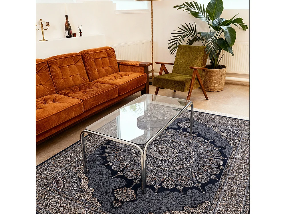 Vloerkleed Palazzo Reale Mazovia 240 x 340 cm Marineblauw Oosters Laagpolig met Franjes
