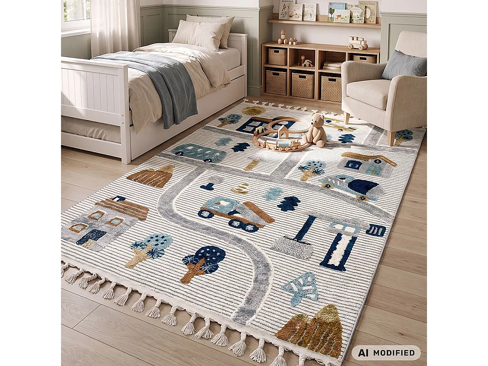 Kinderteppich Buffo Lilu Mazovia 160 x 230 cm Braun Creme Straßen Mittelflor mit Fransen