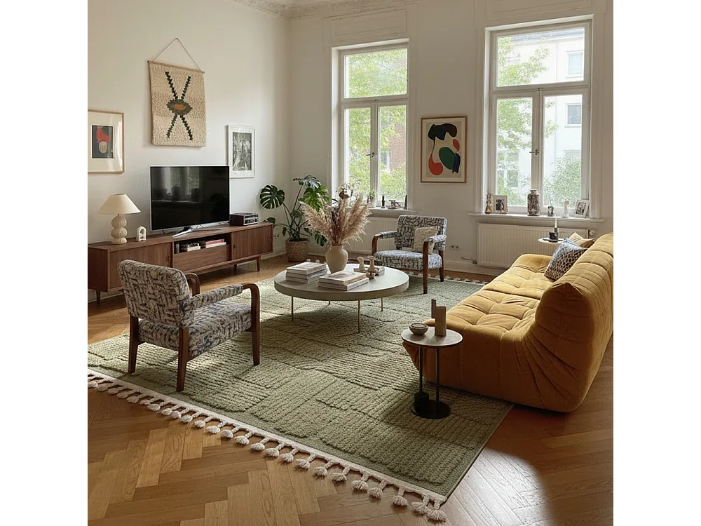 Tapis Pisa Ortica Mazovia 140 x 200 cm Vert Géométrique Poils Mi-Longs à Franges