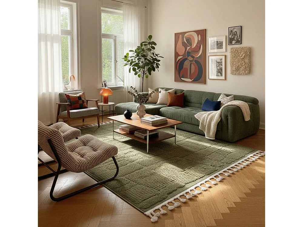 Tapis Pisa Ortica Mazovia 140 x 200 cm Vert Géométrique Poils Mi-Longs à Franges