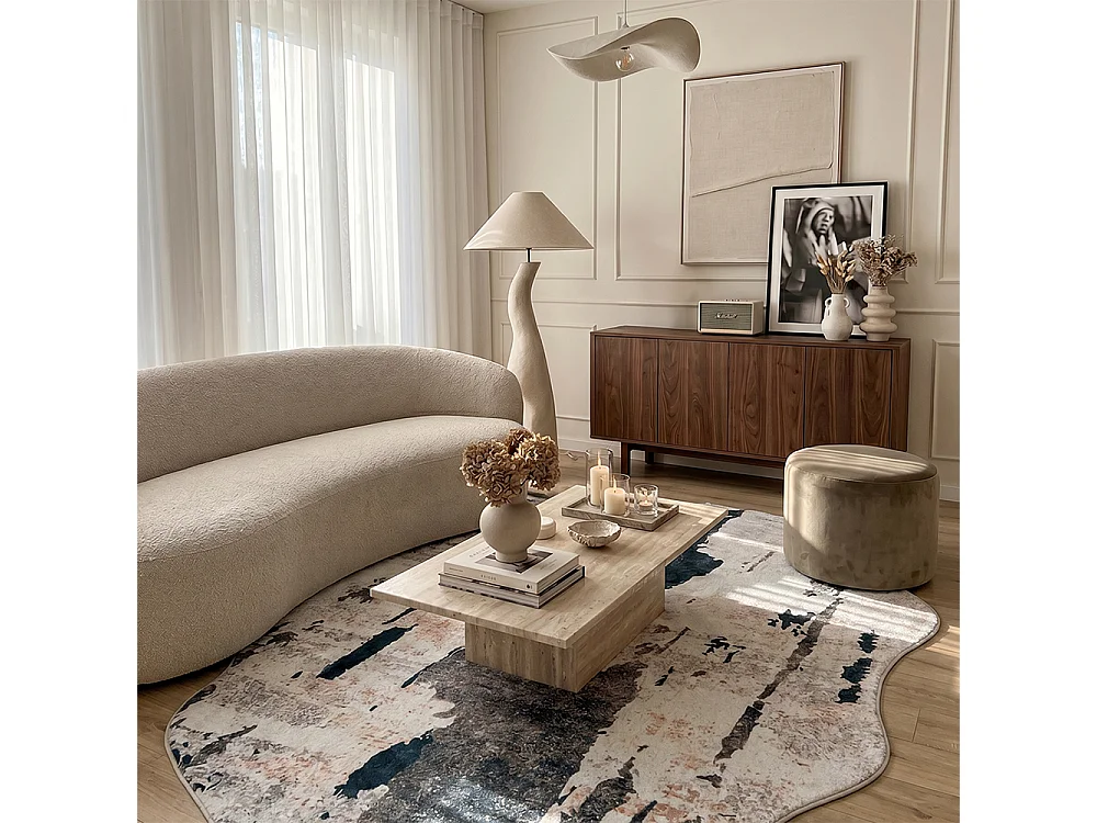 Tapis Arona Senia Mazovia Forme Irrégulière 80 x 150 cm Blanc Marron Abstrait Poils Courts
