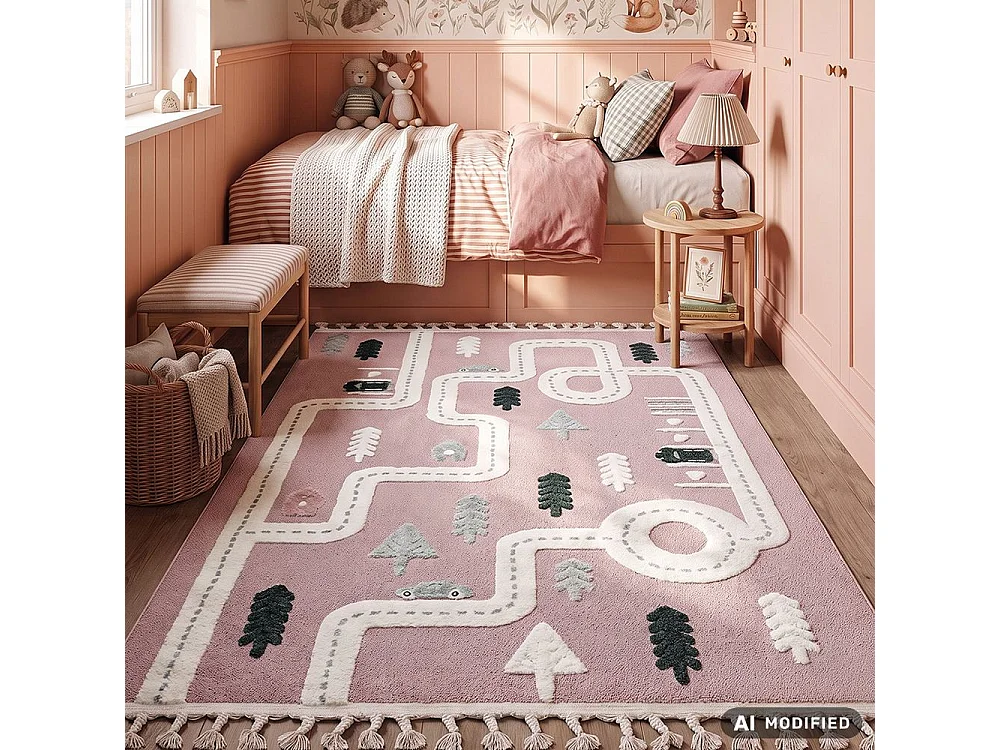 Tapis Enfant Buffo Neli Mazovia 80 x 150 cm Blanc Noir Rues Poils Mi-Longs à Franges