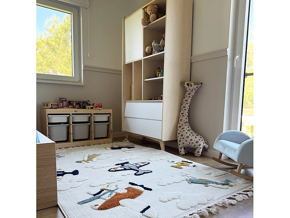 Kids Rug Buffo Aereo Mazovia 160 x 230 cm Beige Cream Aeroplane Medium Pile with Fringes