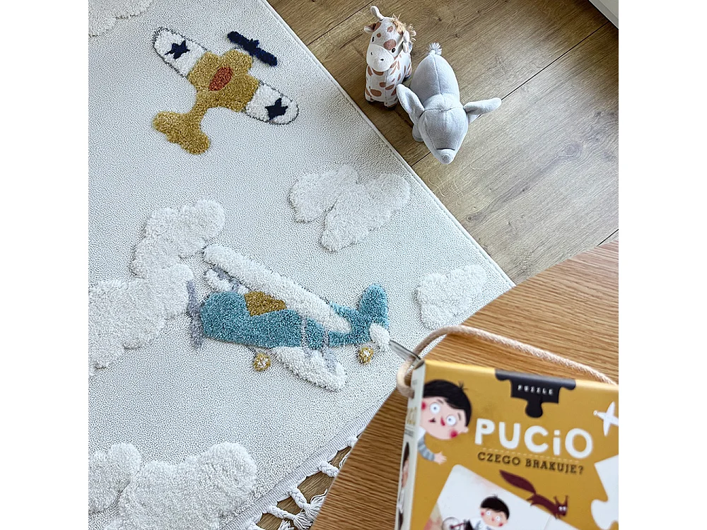 Kids Rug Buffo Aereo Mazovia 160 x 230 cm Beige Cream Aeroplane Medium Pile with Fringes