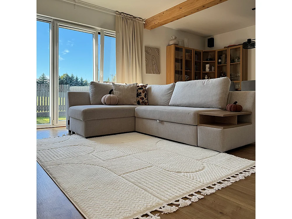 Rug Pisa Giro Mazovia 80 x 150 cm Beige Cream Geometric Medium Pile with Fringes