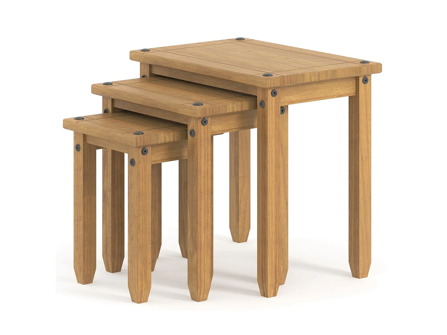 Corona Nest of Three Tables, Rustic Waxed Solid Pine Wood