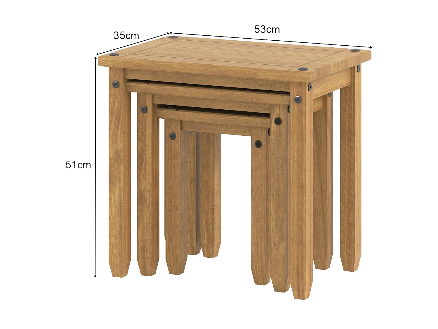 Corona Nest of Three Tables, Rustic Waxed Solid Pine Wood