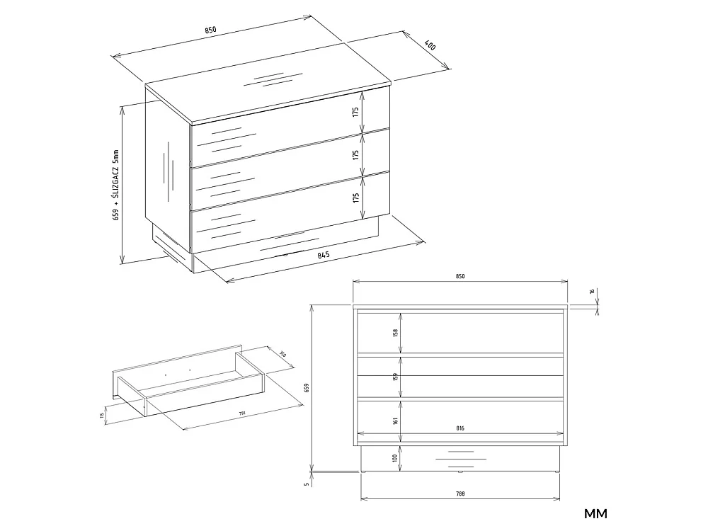 AMBER 3S – Komoda z 3 szufladami – 85 x 66 x 40 cm – sypialnia i salon – Biały