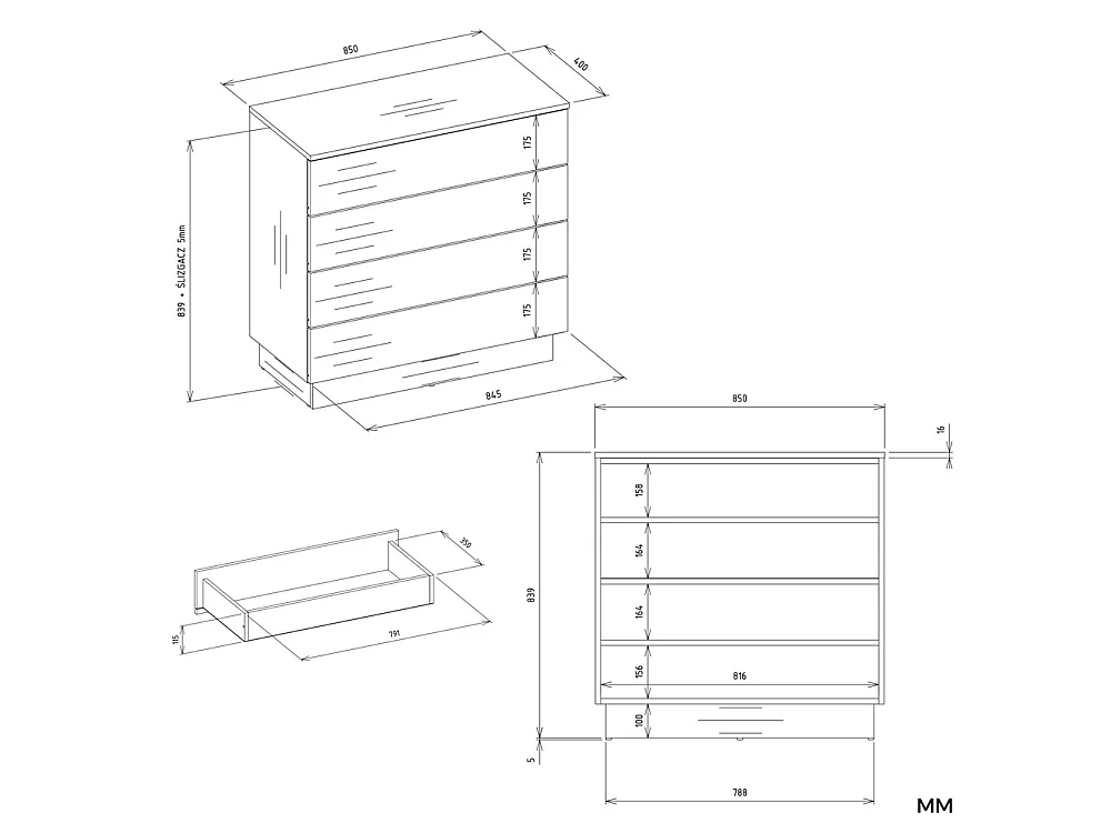 AMBER 4S – Cassettiera con 4 cassetti – 85 x 84 x 40 cm – Camera e soggiorno – Bianco
