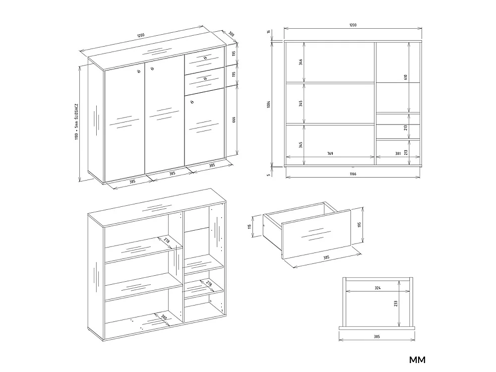 FRAN – Cassettiera – 3 ante, 2 cassetti – 120 x 110 x 30 cm – Bianco