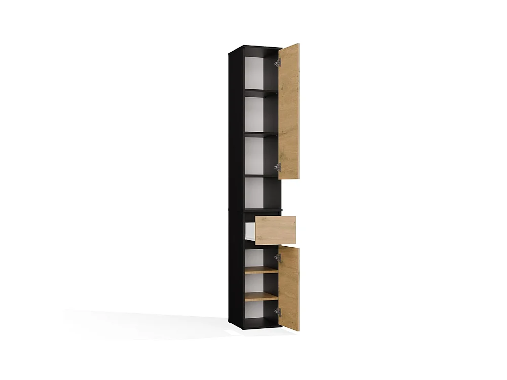 LIOR 2D1S – Colonna alta – mobile contenitore con cassetto – 30 x 202,5 x 35 cm – Nero / Rovere Artisan