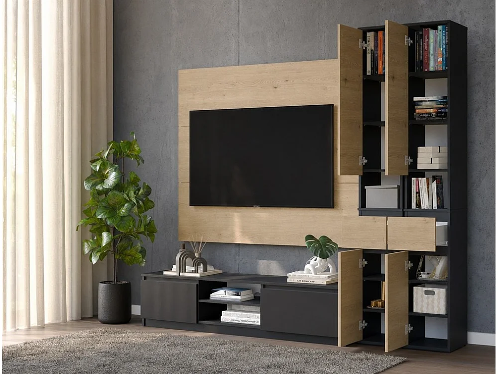 LIOR 2D1S – Colonna alta – mobile contenitore con cassetto – 30 x 202,5 x 35 cm – Nero / Rovere Artisan