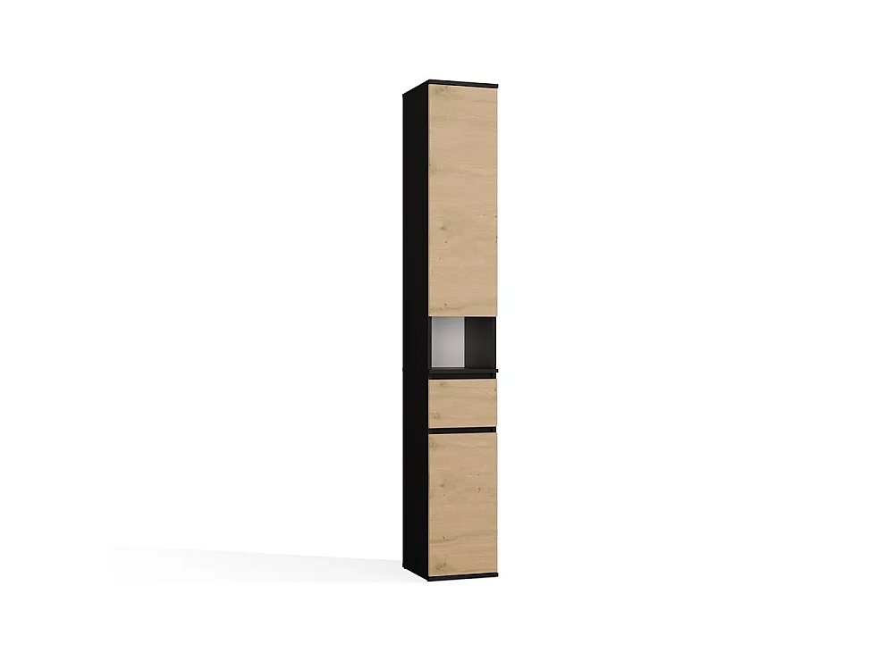 LIOR 2D1S – Colonna alta – mobile contenitore con cassetto – 30 x 202,5 x 35 cm – Nero / Rovere Artisan