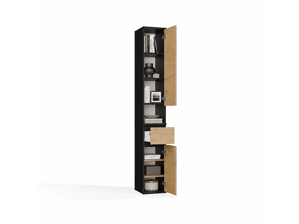LIOR 2D1S – Colonna alta – mobile contenitore con cassetto – 30 x 202,5 x 35 cm – Nero / Rovere Artisan
