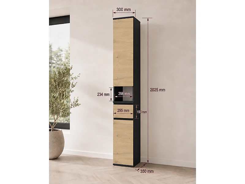 LIOR 2D1S – Colonna alta – mobile contenitore con cassetto – 30 x 202,5 x 35 cm – Nero / Rovere Artisan