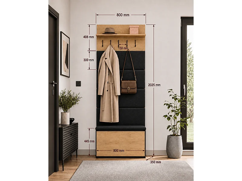 LIOR – Zestaw do przedpokoju z wieszakami i szafką na buty – 80 x 202,5 x 35 cm – Czarny / Dąb Artisan