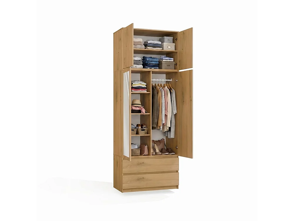 Malwa SS-90L – Armario con espejo y altillo – 2 puertas, 2 cajones – 90 x 240 x 50 cm – Roble Artisan