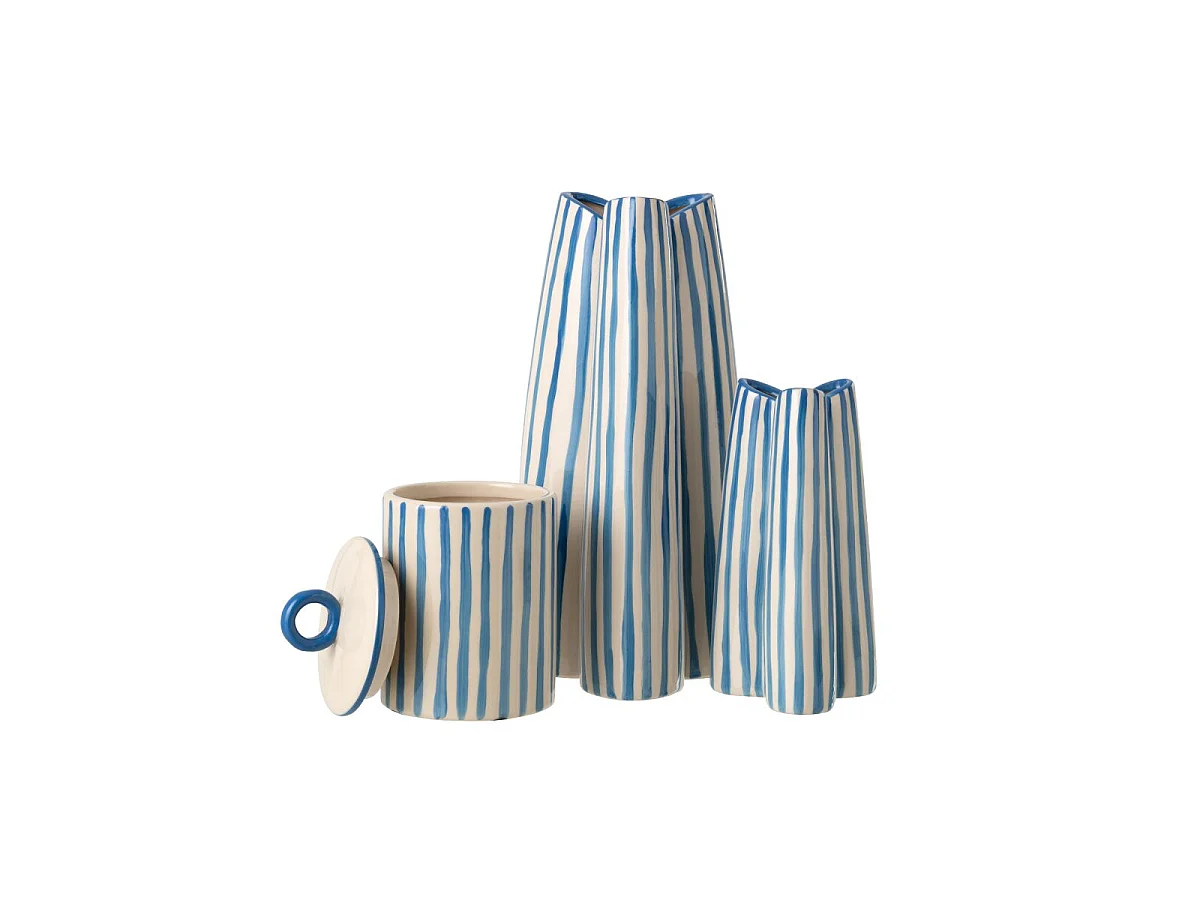 Vase Rayé en Porcelaine "Eudes" 37cm Bleu & Blanc Cassé