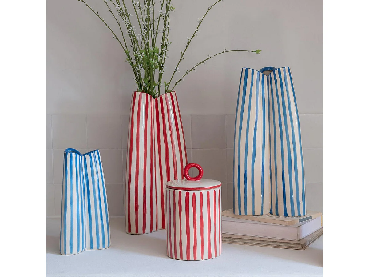 Vase Rayé en Porcelaine "Eudes" 37cm Bleu & Blanc Cassé