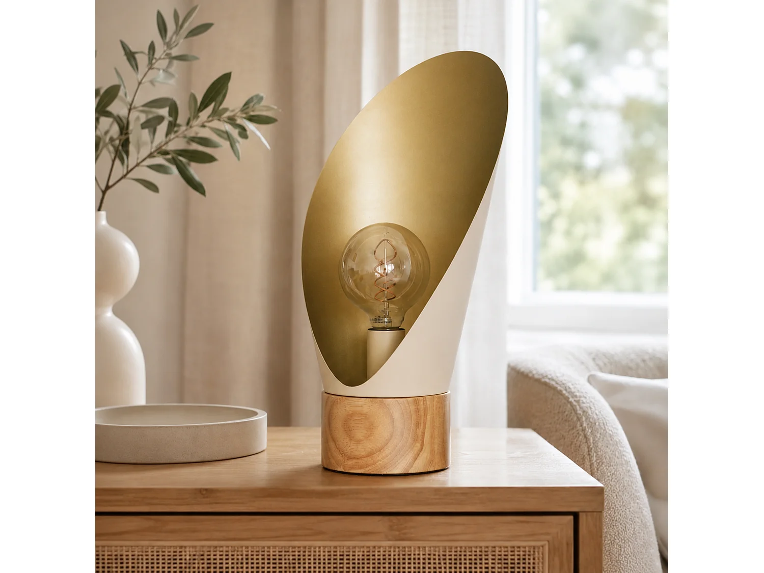 Lampe à poser en métal crème et bois H44 cm - Spoon
