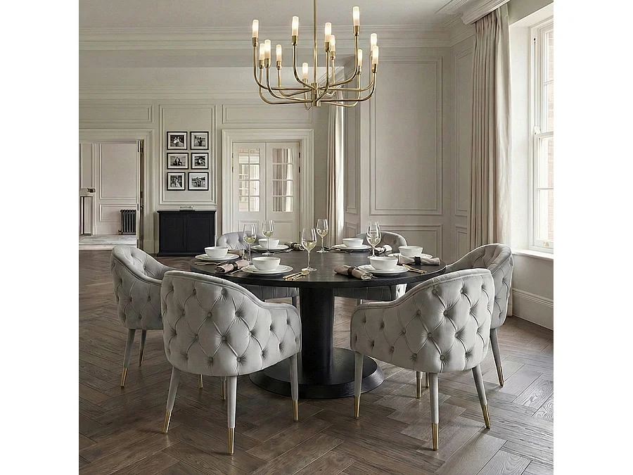 Sophia Dining Chair, Grey Velvet with Brushed Brass Caps