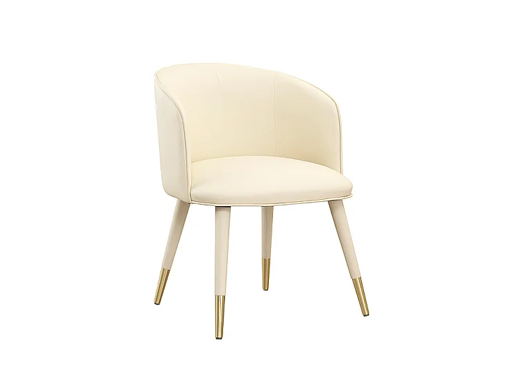 Bellucci Dining Chair, Cream Faux Leather, Brass-Capped Upholstered Legs