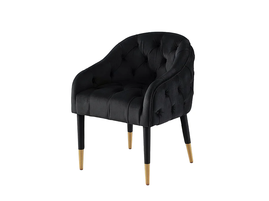 Sophia Dining Chair - Black Velvet, Deep Buttoned Back, Brushed Brass Caps