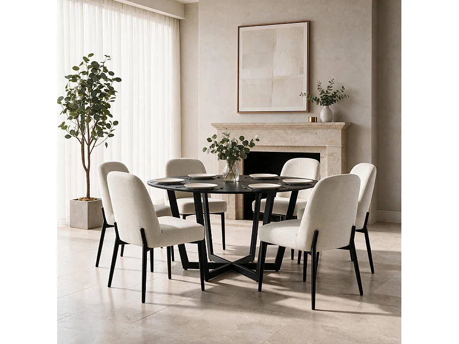 Valenza Dining Chair - Light Taupe, Linen Upholstery, Black Metal Legs