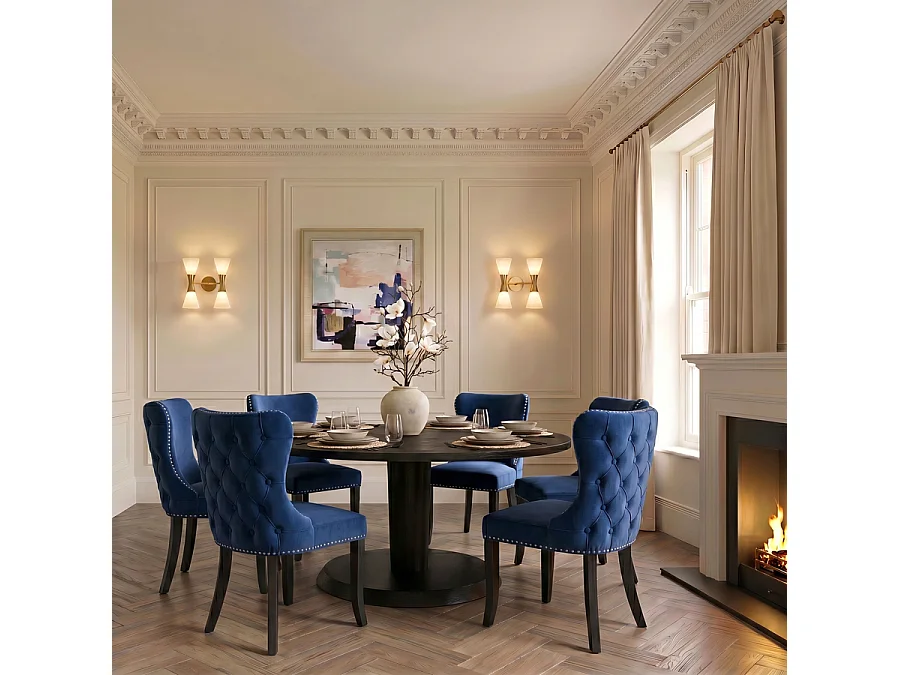 Margonia Dining Chair - Ink Blue velvet, ash legs, buttoned back