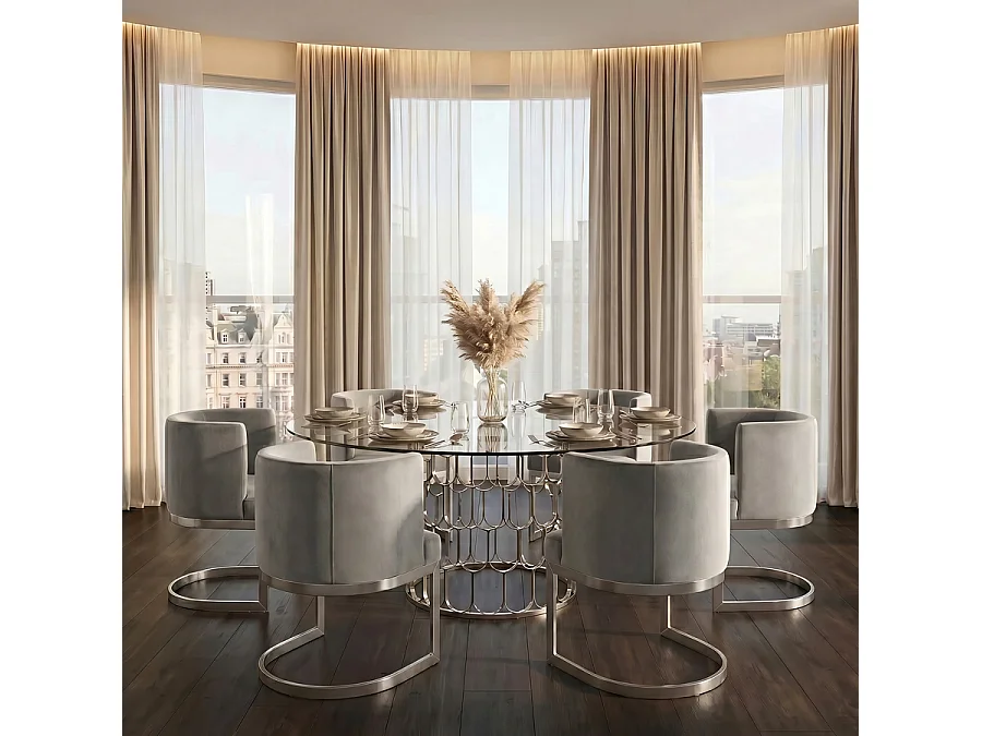 Lasco Dining Chair, Dove Grey Velvet - Brushed Stainless Steel Base