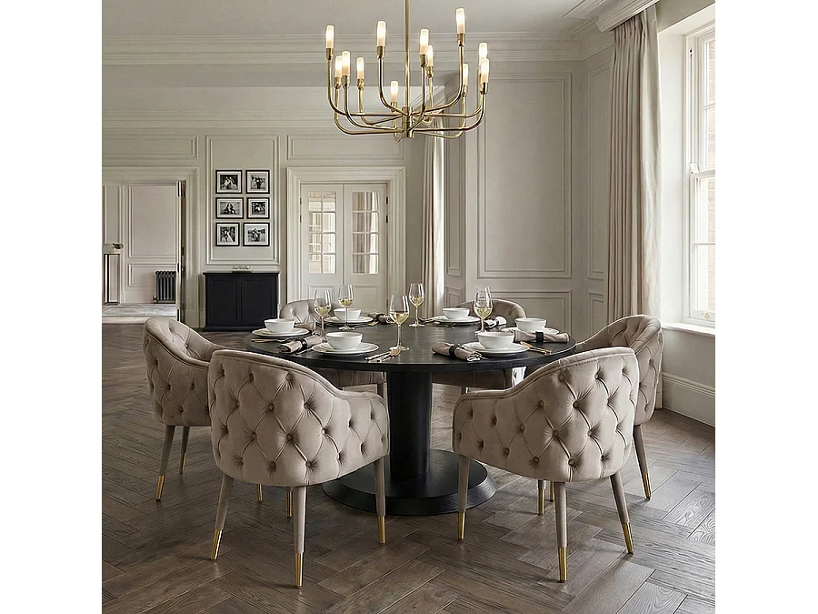 Sophia Dining Chair Taupe - Deep Buttoned Velvet with Brushed Brass Caps