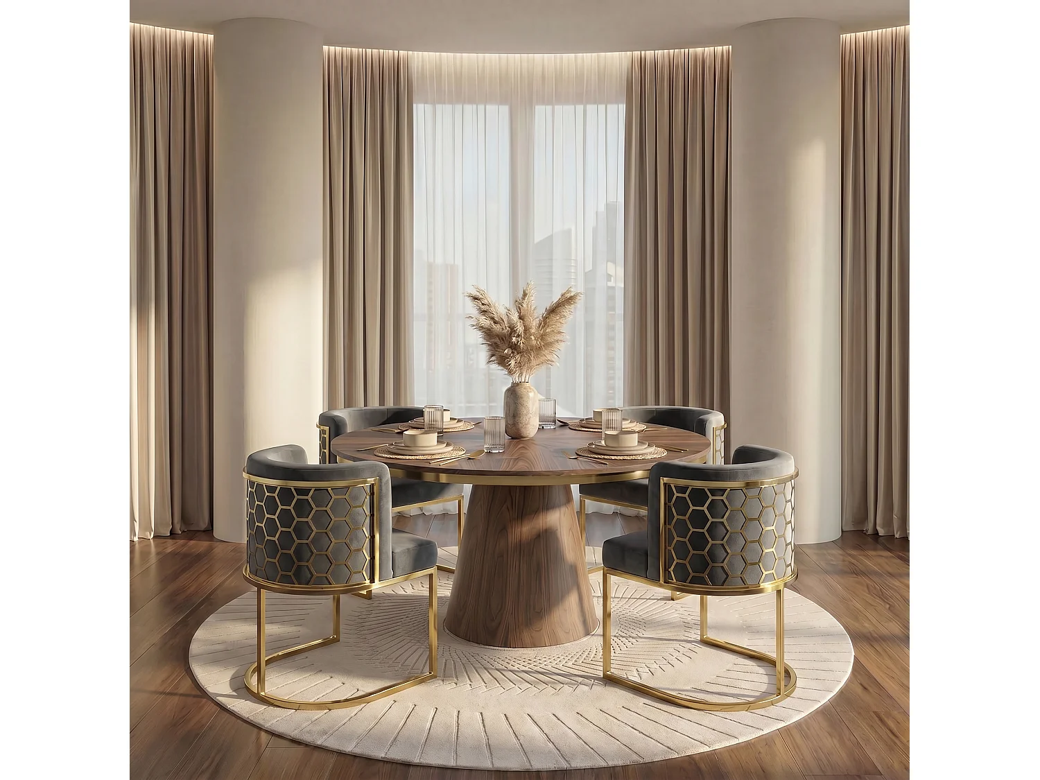 Alveare Dining Chair - Electroplated Brass Frame, Smoke Velvet