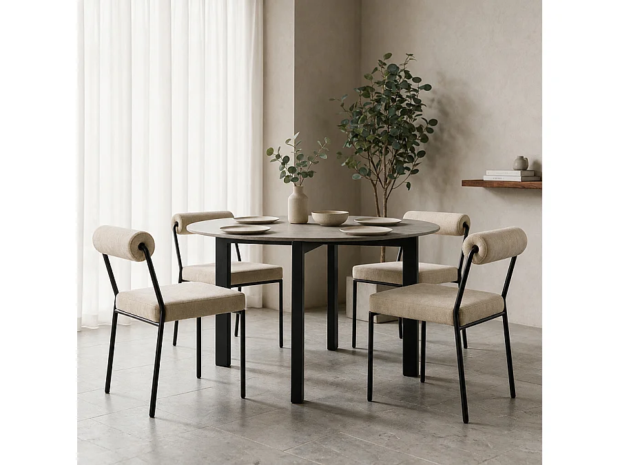 Set of 2 Nosta Linen Dining Chairs - Sable, Black Metal Frame