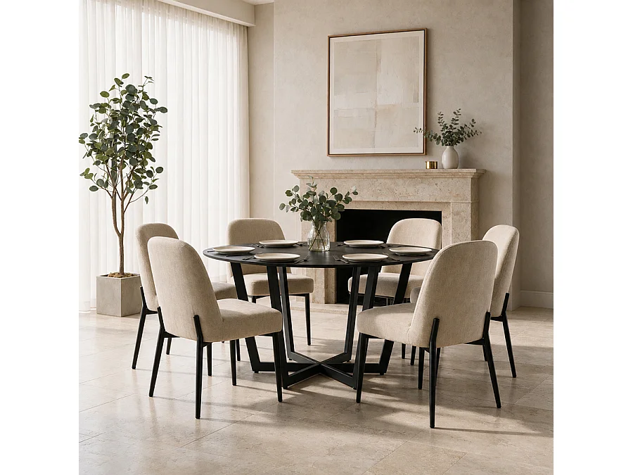 Valenza Dining Chair - Sable, Linen Upholstery with Black Metal Legs