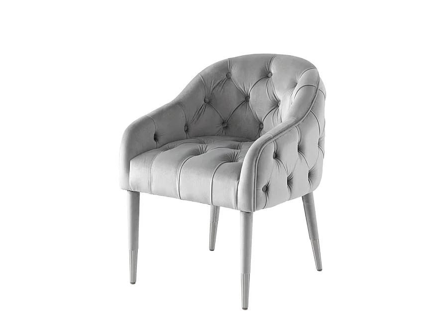 Sophia Velvet Dining Chair Grey - Deep Buttoned Back, Brushed Silver Caps