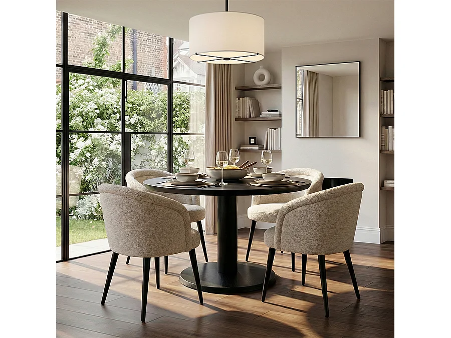Garric Dining Chair Oatmeal - Contemporary Chenille Upholstered Seat, Black Steel Legs