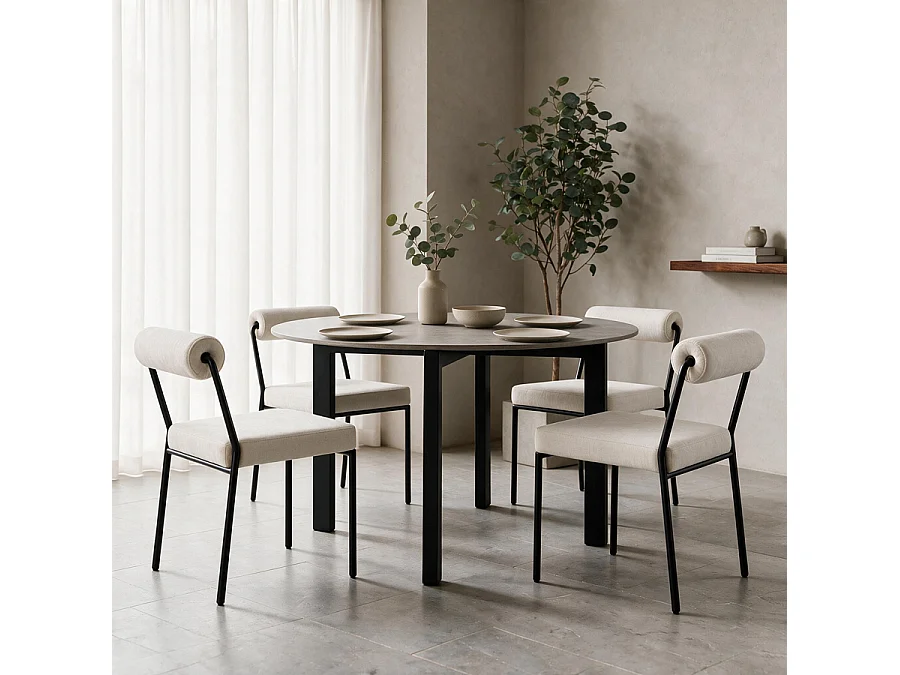 Set of 2 Nosta dining chairs - Light Taupe linen, black metal frame