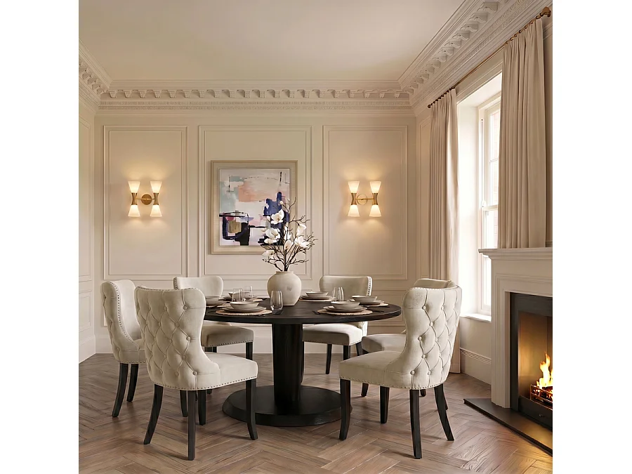 Margonia Velvet Dining Chair - Sand White, Buttoned Back, Solid Ash Legs