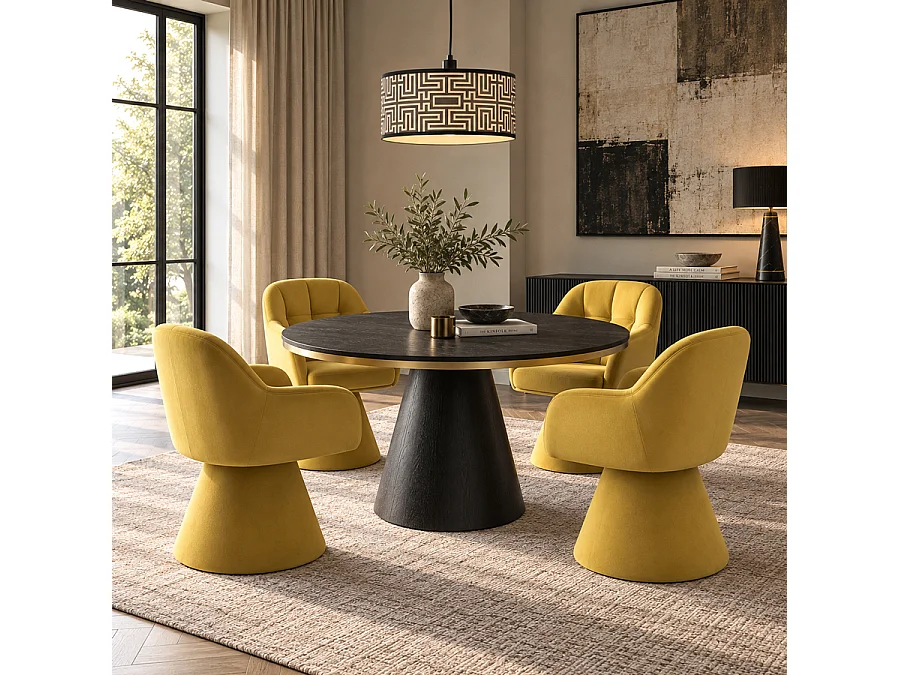 Orbit Dining Chair, English Mustard - Velvet Swivel Chair with Metal Pedestal Base