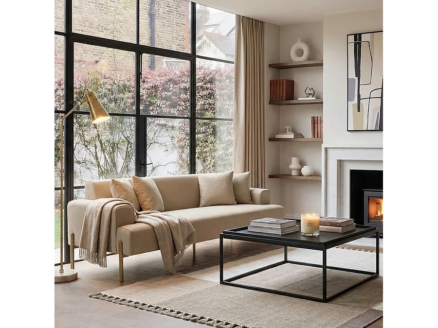 My Furniture Duke Three-Seat Sofa - Limestone, Linen-Effect Fabric, Brushed Stainless Steel Legs