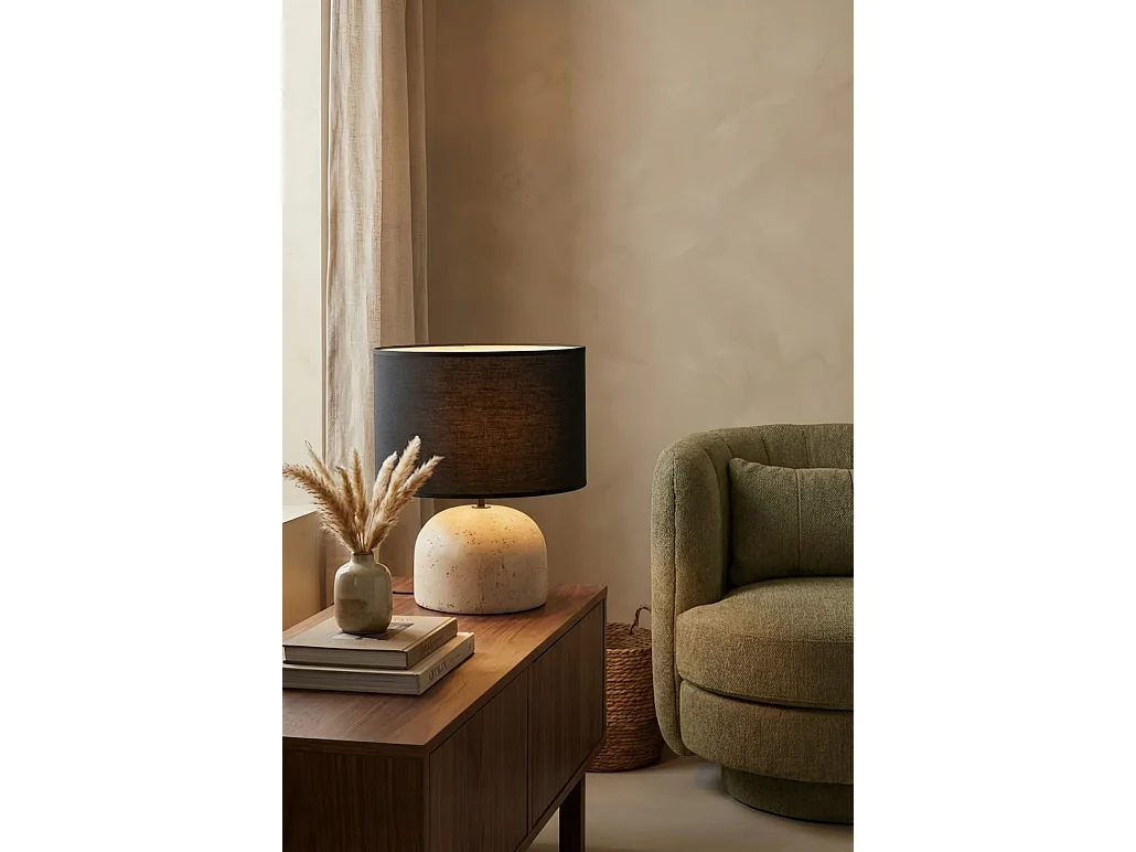 Eden Table Light - Travertine Base, Black Metal, Off-White Fabric Shade, 42 cm
