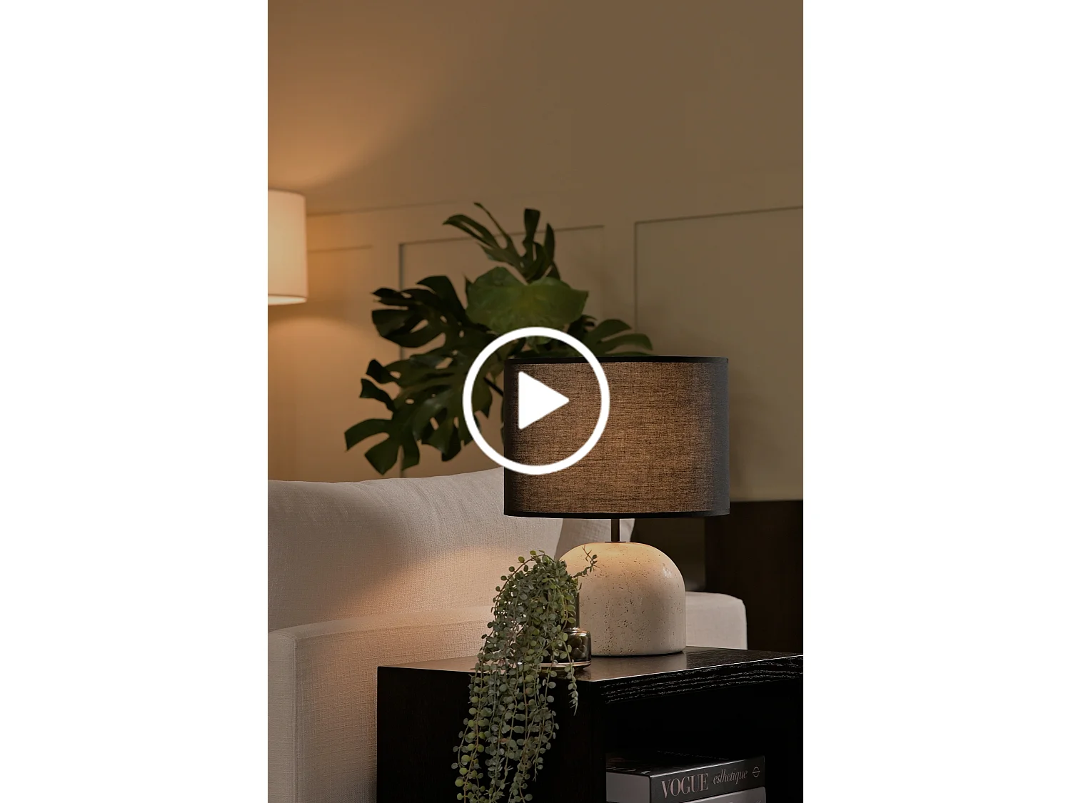 Eden Table Light - Travertine Base, Black Metal, Off-White Fabric Shade, 42 cm