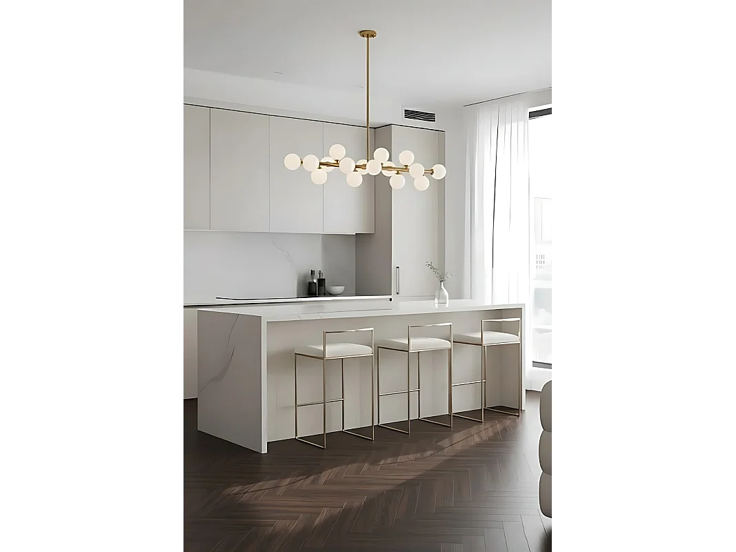 Morantz Chandelier - Contemporary Brass and White Steel, Frosted Acrylic Spheres, G4-LED Included